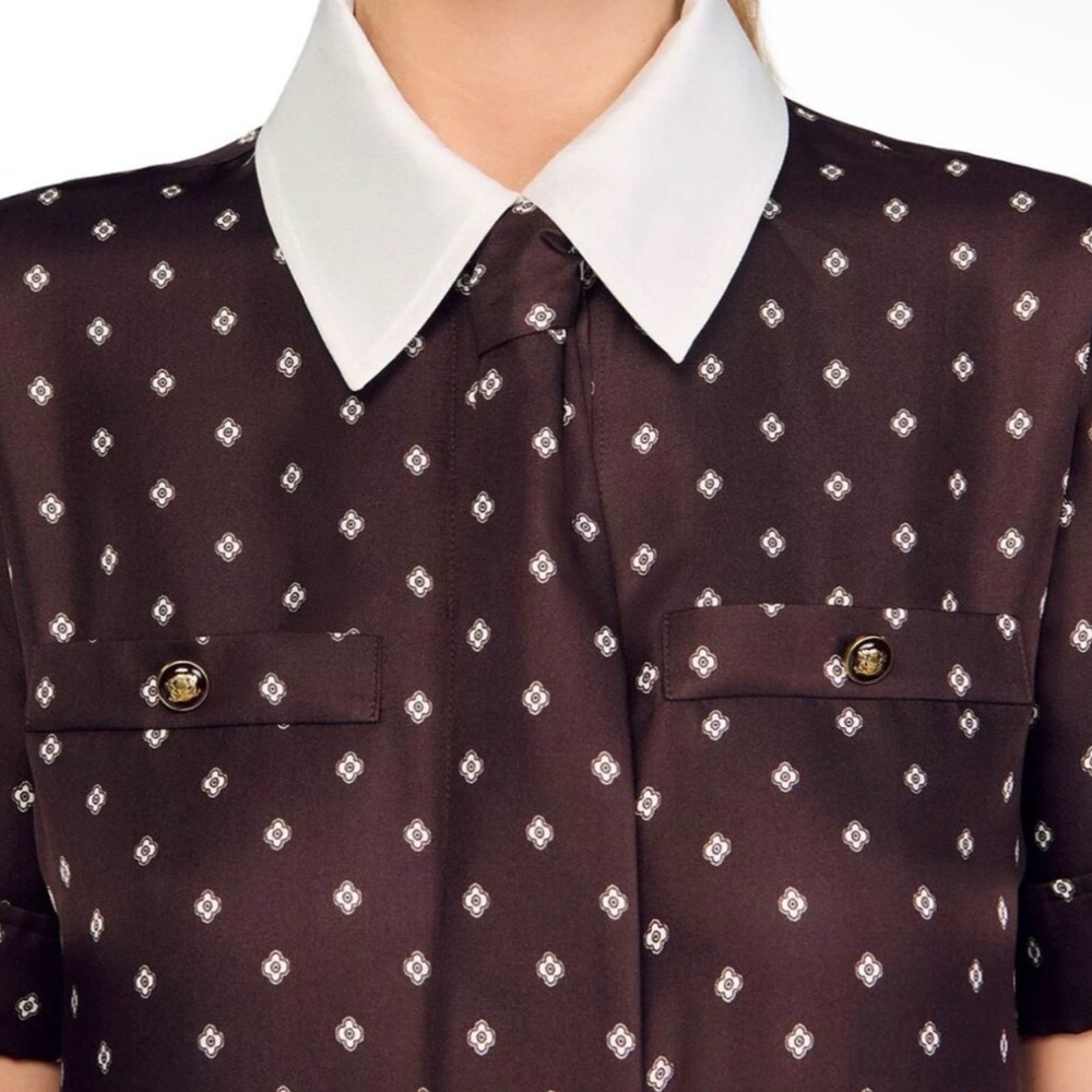 Sandro Brown with white details pleated bottom Mini Dress and a neck tie - Picture 2 of 6